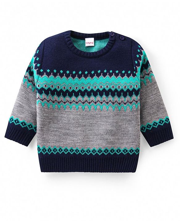 Babyhug Knit Full Sleeves Pullover Sweater Set with Aztec Design - Navy Blue & Grey