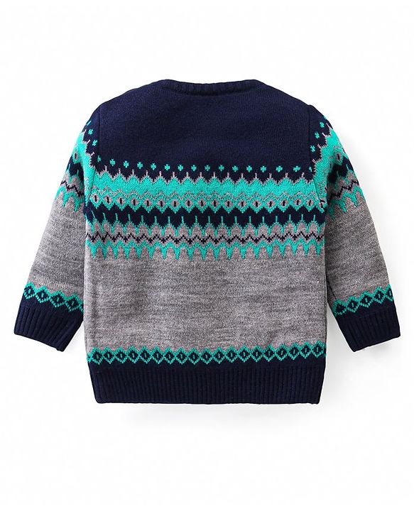 Babyhug Knit Full Sleeves Pullover Sweater Set with Aztec Design - Navy Blue & Grey