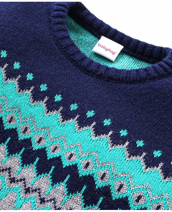 Babyhug Knit Full Sleeves Pullover Sweater Set with Aztec Design - Navy Blue & Grey