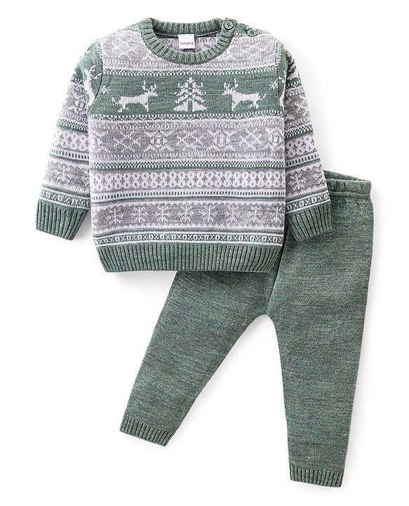 Babyhug Knitted Full Sleeves Pullover Sweater Set with Christmas Theme Design - Grey & Green