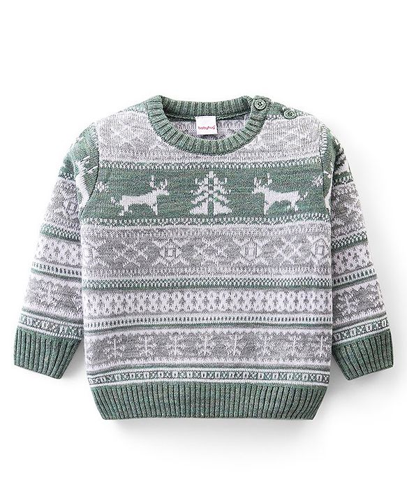 Babyhug Knitted Full Sleeves Pullover Sweater Set with Christmas Theme Design - Grey & Green