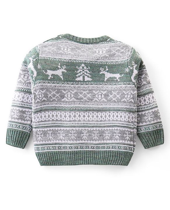 Babyhug Knitted Full Sleeves Pullover Sweater Set with Christmas Theme Design - Grey & Green