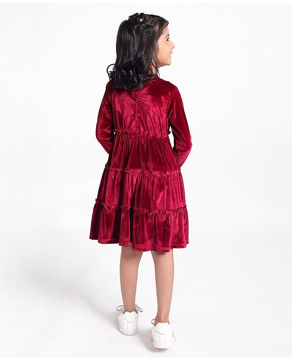 Babyhug Velour Full Sleeves Tiered Frock With Floral & Text Embroidered -Red