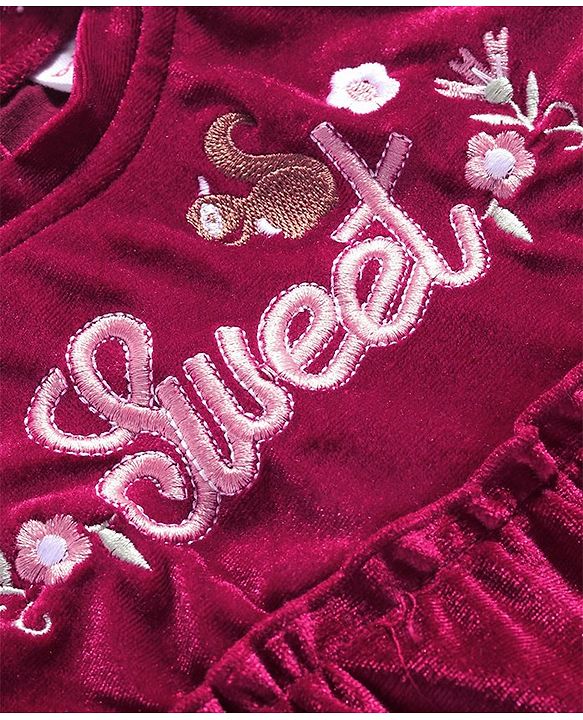 Babyhug Velour Full Sleeves Tiered Frock With Floral & Text Embroidered -Red