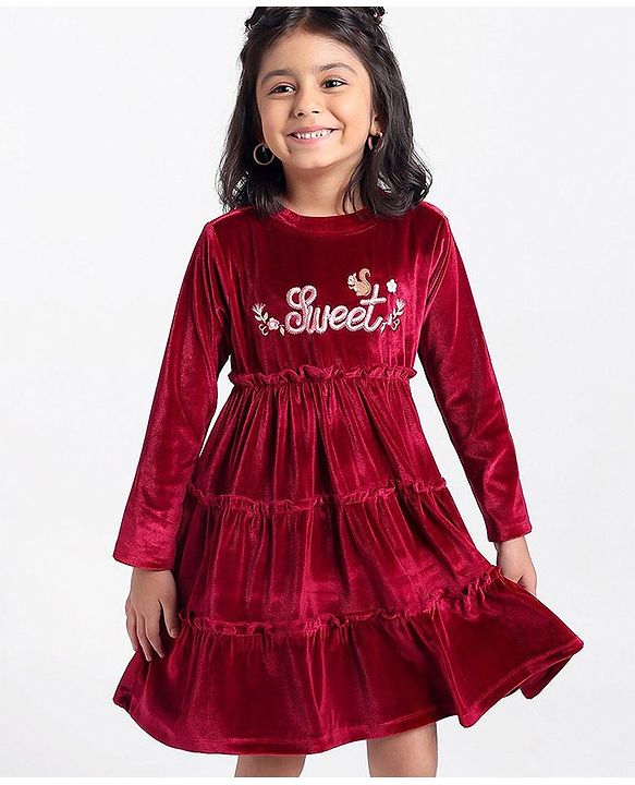 Babyhug Velour Full Sleeves Tiered Frock With Floral & Text Embroidered -Red