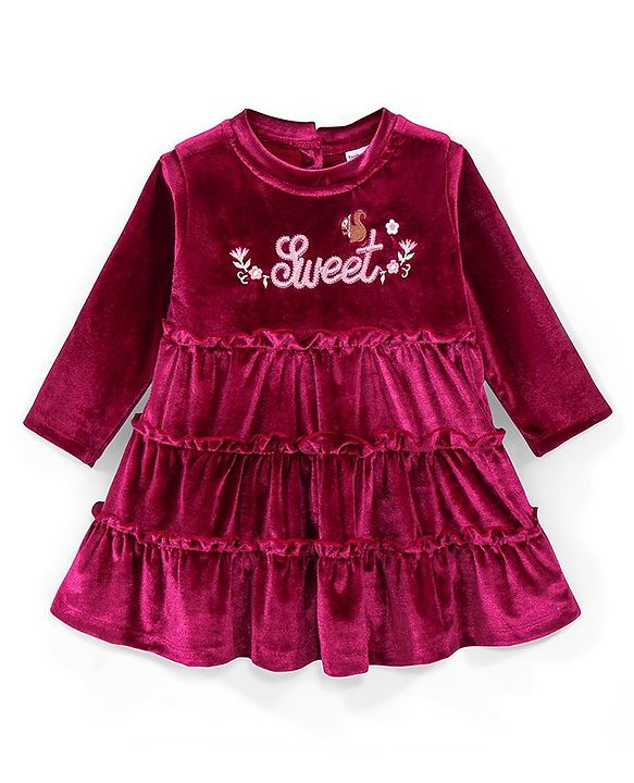 Babyhug Velour Full Sleeves Tiered Frock With Floral & Text Embroidered -Red
