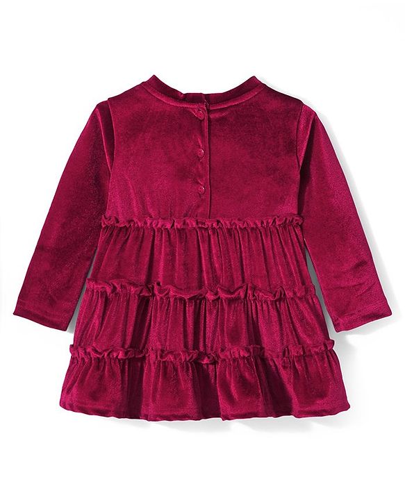 Babyhug Velour Full Sleeves Tiered Frock With Floral & Text Embroidered -Red