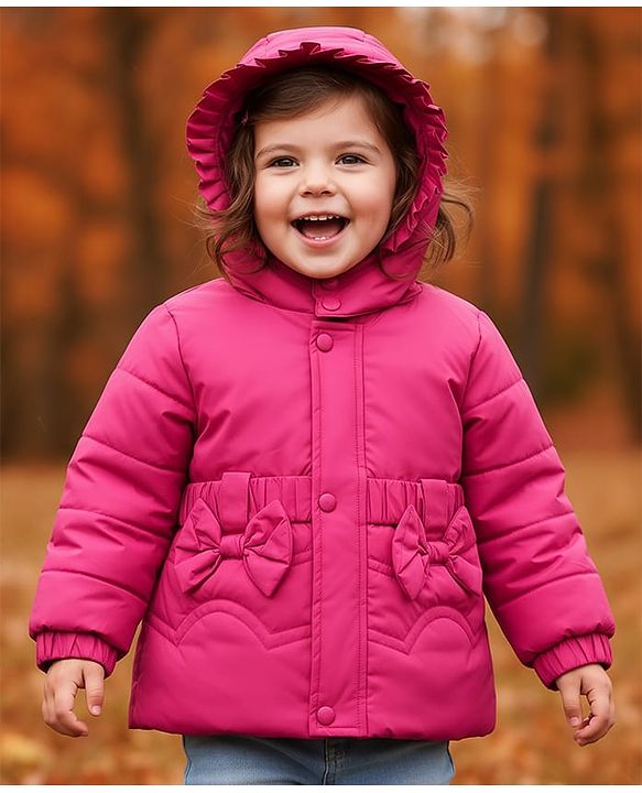 Babyhug Woven Full Sleeves Solid Hooded Padded Jacket With Bow Applique & Detachable Hood - Pink