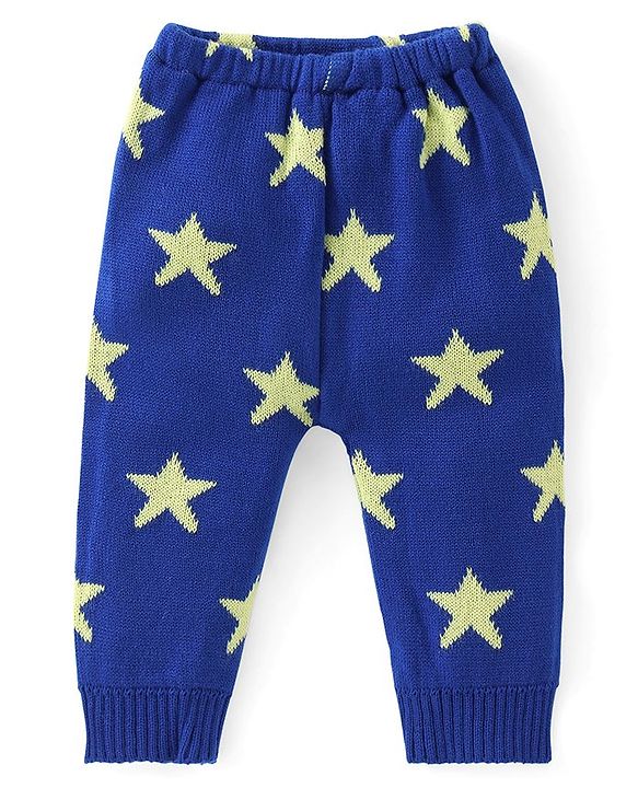 Babyhug Full Length Fleece and Woolen Lounge Pant Star Design - Blue
