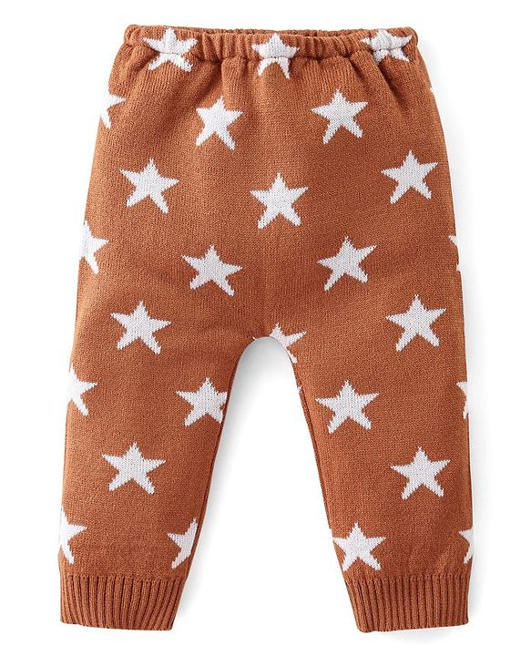 Babyhug Knit Full Length Fleece & Woollen Pant with Star Print - Brown