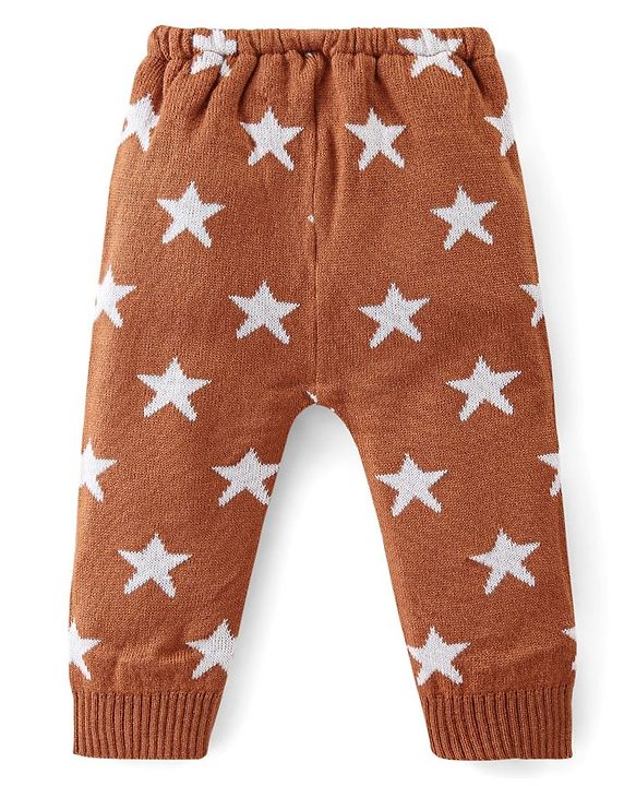 Babyhug Knit Full Length Fleece & Woollen Pant with Star Print - Brown