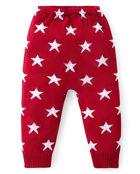 Babyhug Knit Full Length Fleece & Woollen Pant with Star Design - Red & White
