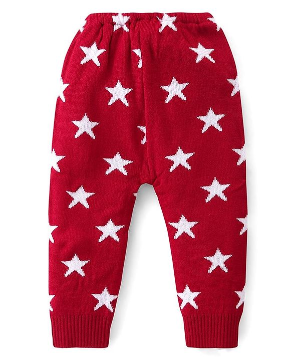 Babyhug Knit Full Length Fleece & Woollen Pant with Star Design - Red & White