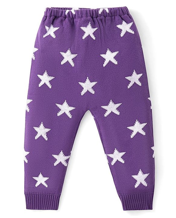 Babyhug Knit Full Length Fleece & Woollen Pant with Star Embroidery - Purple & White