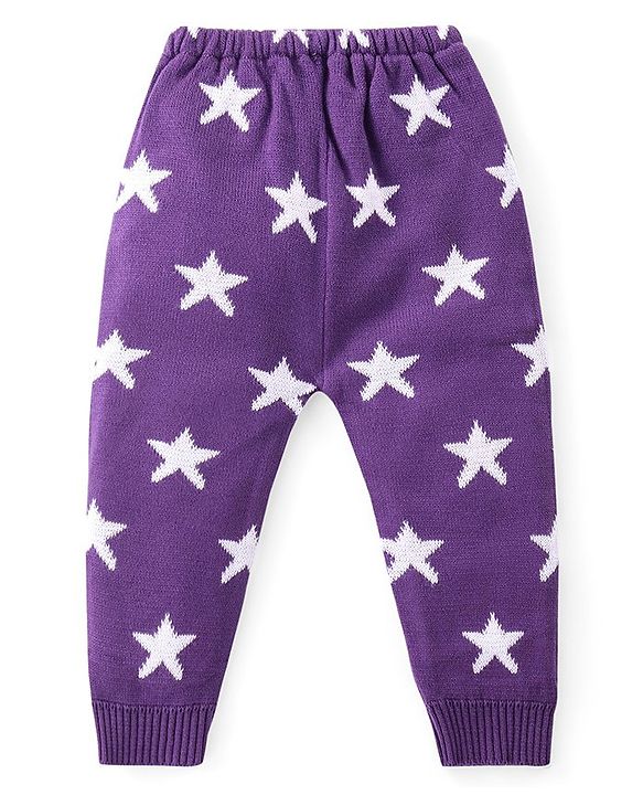 Babyhug Knit Full Length Fleece & Woollen Pant with Star Embroidery - Purple & White