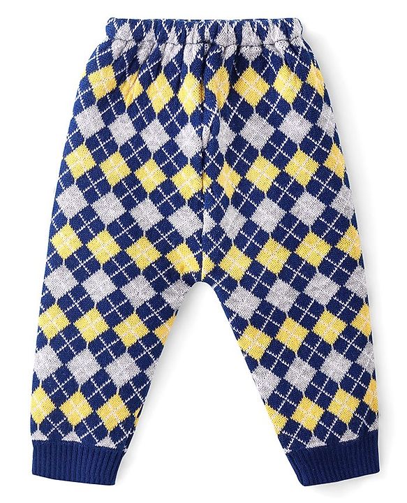 Babyhug Full Length Sweater Knit Fleece & Woollen Pants With Kite Design - Mustard & Grey
