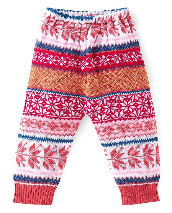 Babyhug Knit Full Length Fleece & Woollen Pant with Floral Design - Rust Orange