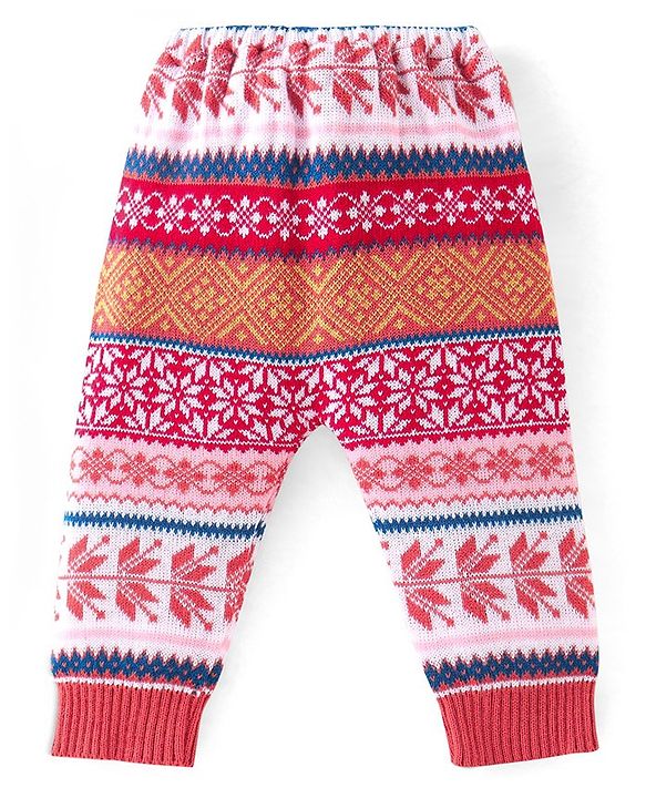 Babyhug Knit Full Length Fleece & Woollen Pant with Floral Design - Rust Orange
