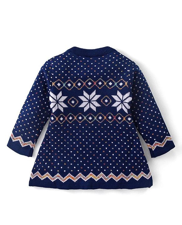 Babyhug Knitted Full Sleeves Woollen Dress with Aztec Design - Blue