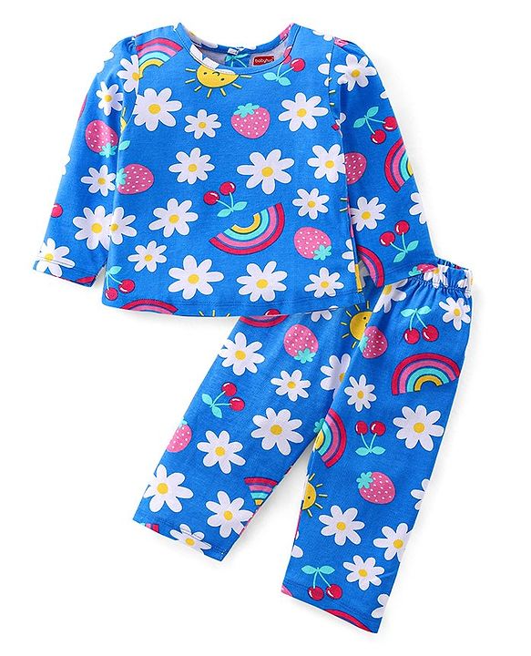 Babyhug Cotton Knit Full Sleeves Night Suit with Floral & Rainbow Print - Blue