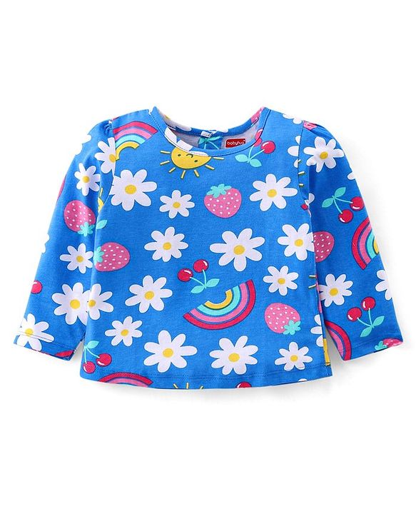 Babyhug Cotton Knit Full Sleeves Night Suit with Floral & Rainbow Print - Blue