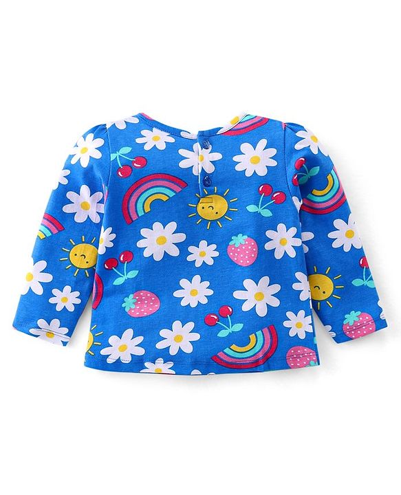 Babyhug Cotton Knit Full Sleeves Night Suit with Floral & Rainbow Print - Blue