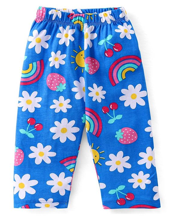 Babyhug Cotton Knit Full Sleeves Night Suit with Floral & Rainbow Print - Blue