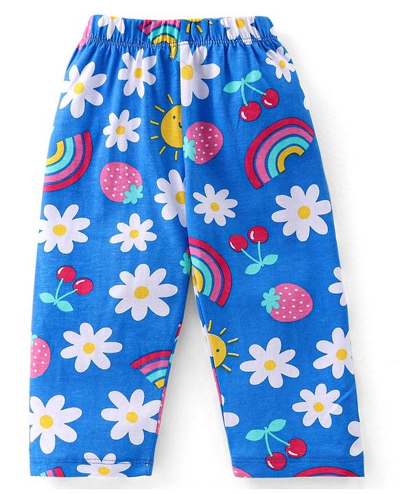 Babyhug Cotton Knit Full Sleeves Night Suit with Floral & Rainbow Print - Blue