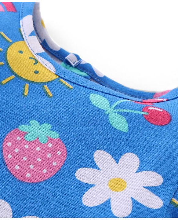 Babyhug Cotton Knit Full Sleeves Night Suit with Floral & Rainbow Print - Blue