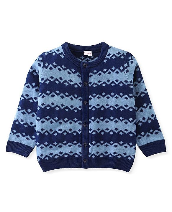 Babyhug Knit Front Open Full Sleeves Striped Sweater with Argyle Design - Navy Blue