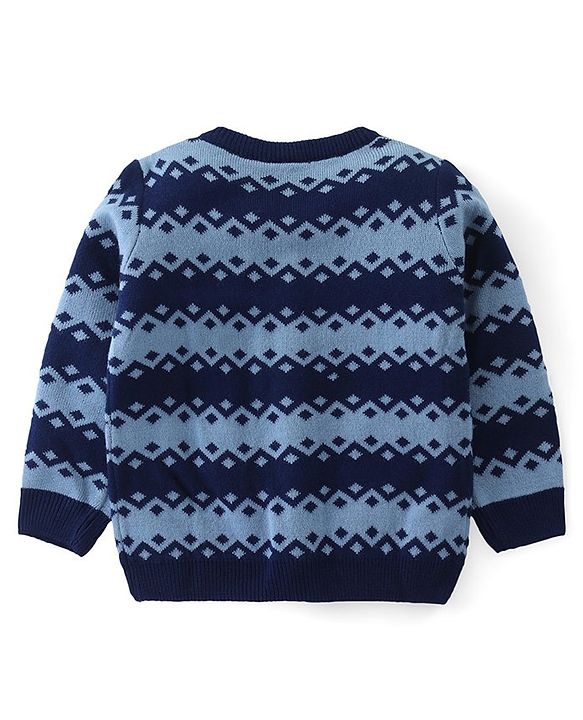 Babyhug Knit Front Open Full Sleeves Striped Sweater with Argyle Design - Navy Blue