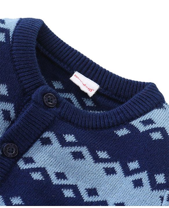 Babyhug Knit Front Open Full Sleeves Striped Sweater with Argyle Design - Navy Blue
