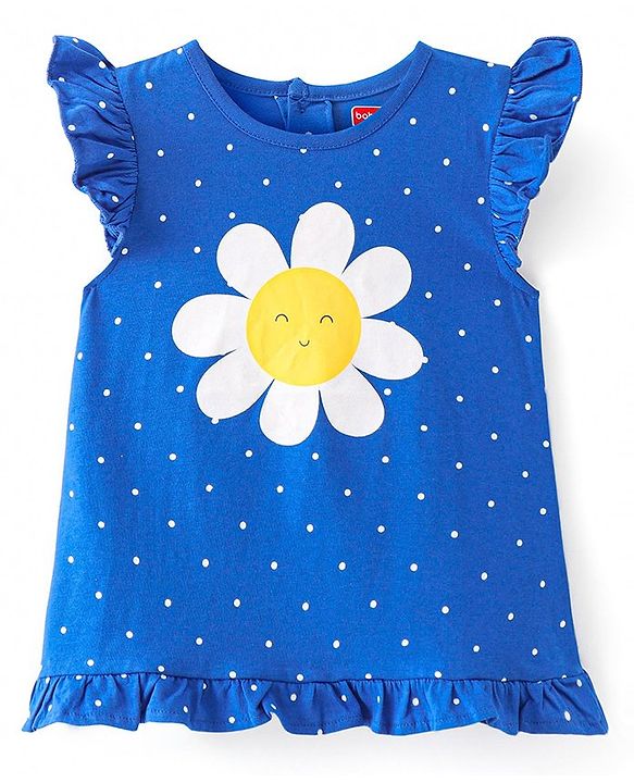 Babyhug Cotton Knit Flutter Sleeves Nighty With Floral Print - Navy