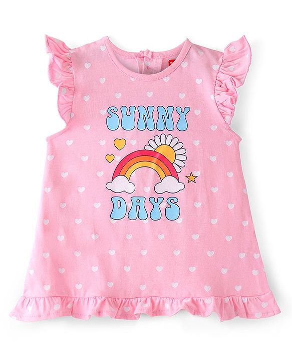 Babyhug Cotton Knit Flutter Sleeves Nighty Heart Print - Pink