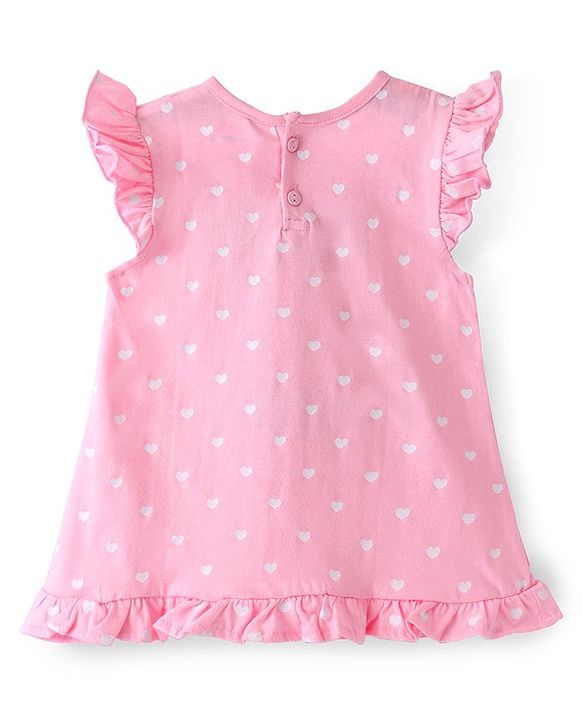 Babyhug Cotton Knit Flutter Sleeves Nighty Heart Print - Pink
