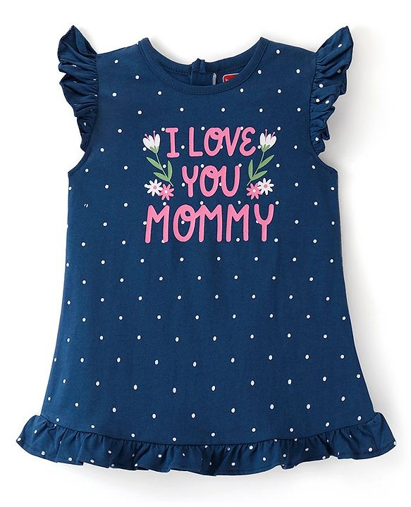 Babyhug Cotton Knit Flutter Sleeves Nighty With Floral & Text Print - Navy
