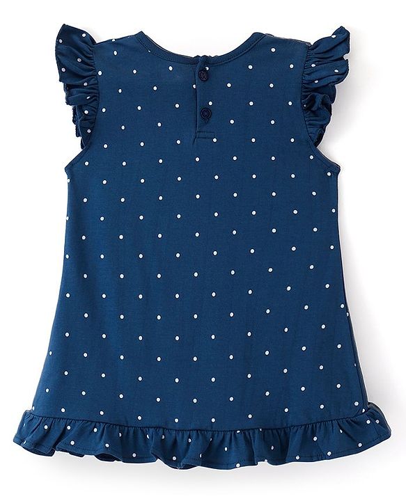 Babyhug Cotton Knit Flutter Sleeves Nighty With Floral & Text Print - Navy