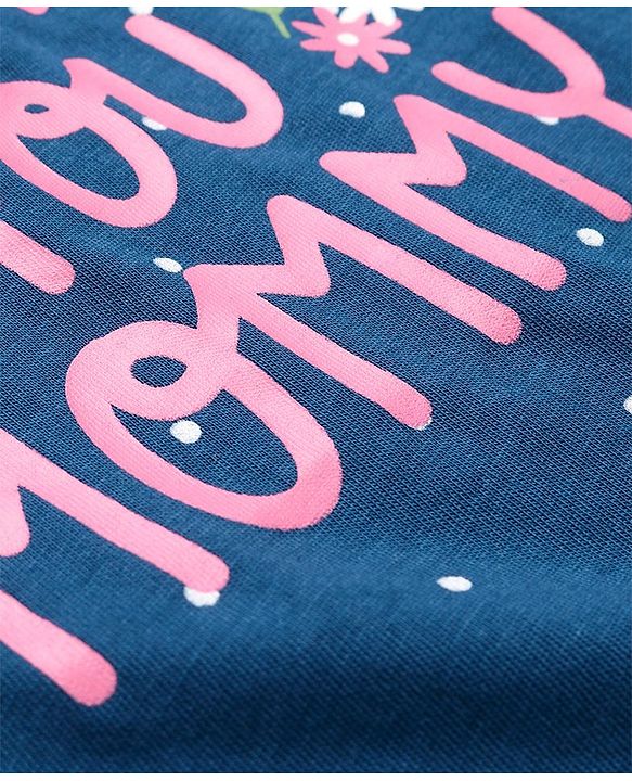 Babyhug Cotton Knit Flutter Sleeves Nighty With Floral & Text Print - Navy