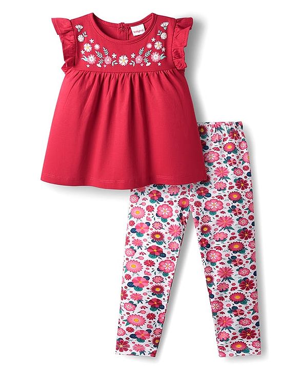 Babyhug Single Jersey Knit Frill Sleeves Top and Leggings Set Floral Embroidery - Red