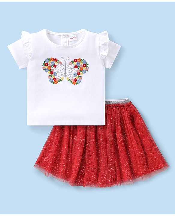 Babyhug Single Jersey Knit Half Frill Sleeves Top and Skirt With Butterfly Embroidery- White & Red