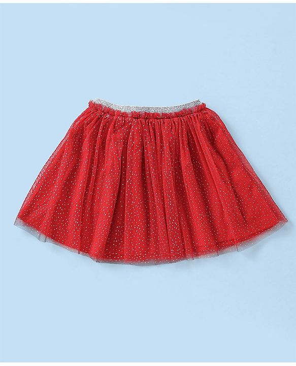 Babyhug Single Jersey Knit Half Frill Sleeves Top and Skirt With Butterfly Embroidery- White & Red