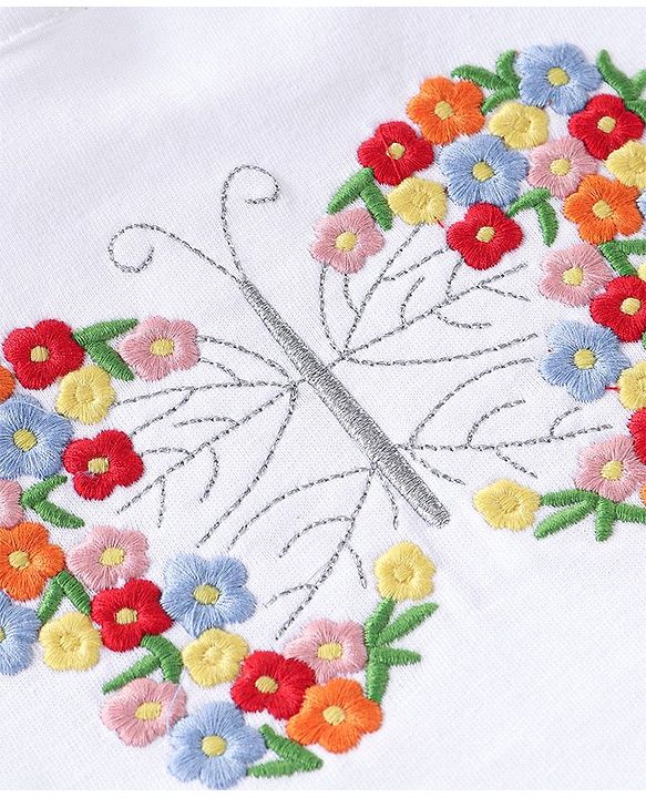 Babyhug Single Jersey Knit Half Frill Sleeves Top and Skirt With Butterfly Embroidery- White & Red