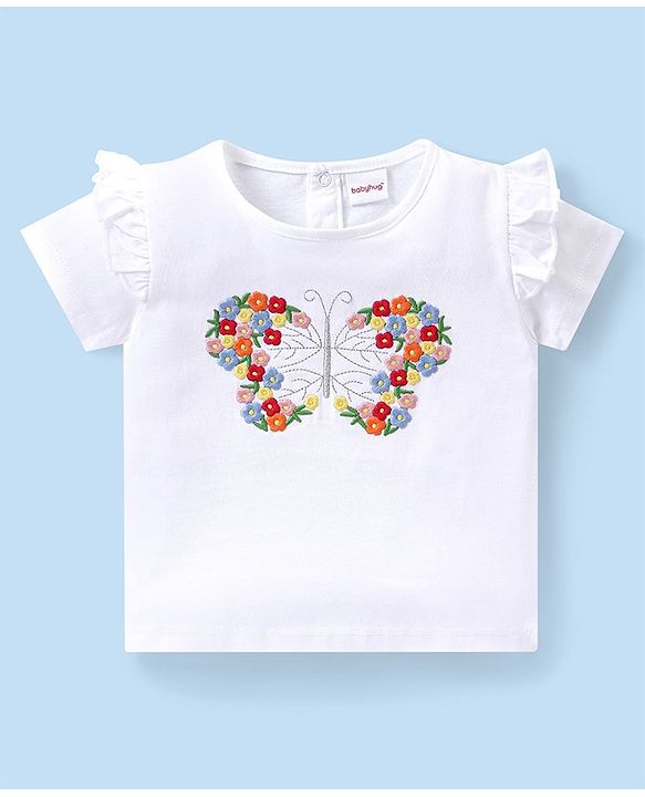 Babyhug Single Jersey Knit Half Frill Sleeves Top and Skirt With Butterfly Embroidery- White & Red