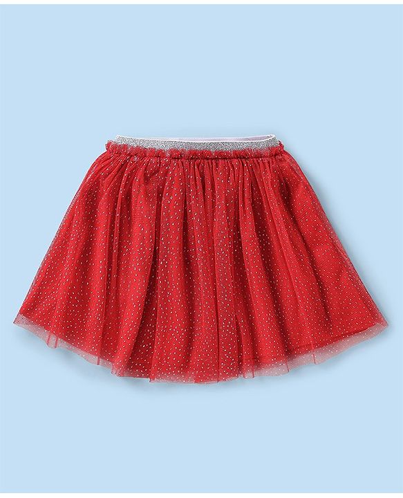 Babyhug Single Jersey Knit Half Frill Sleeves Top and Skirt With Butterfly Embroidery- White & Red
