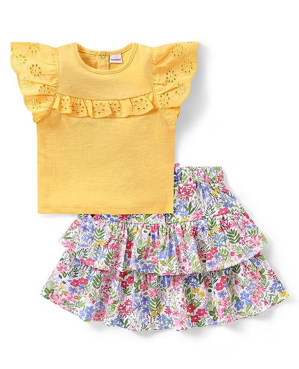 Babyhug Single Jersey Knit Frill Sleeves Schiffli Top & Layered Skirt with Floral Print - Multicolour