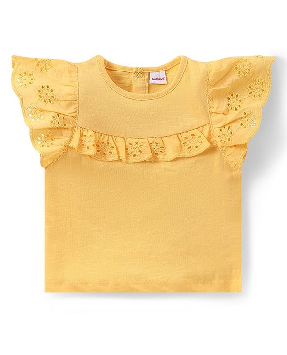 Babyhug Single Jersey Knit Frill Sleeves Schiffli Top & Layered Skirt with Floral Print - Multicolour