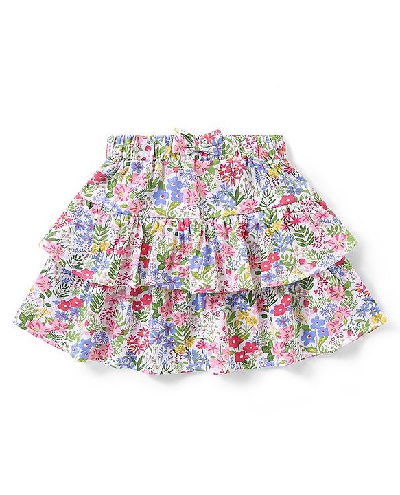 Babyhug Single Jersey Knit Frill Sleeves Schiffli Top & Layered Skirt with Floral Print - Multicolour