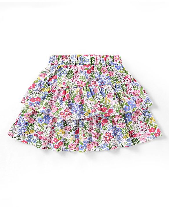 Babyhug Single Jersey Knit Frill Sleeves Schiffli Top & Layered Skirt with Floral Print - Multicolour