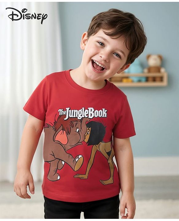 Babyhug Disney Cotton Knit Half Sleeves T-Shirt with Jungle Book Graphics - Red