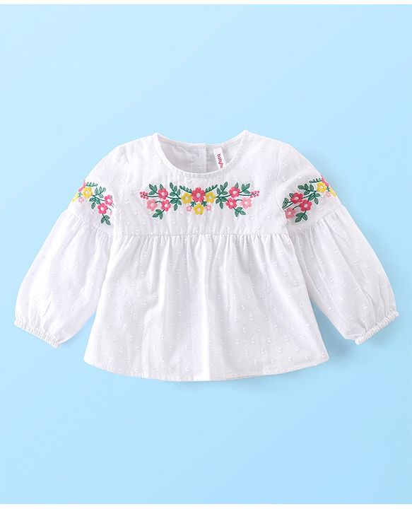 Babyhug Cotton Woven Full Sleeves Top & Pants Set With Floral Embroidery - White & Pink